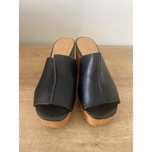 Black Platform Mule Sandals With Wood-tone Block Heel Size 6